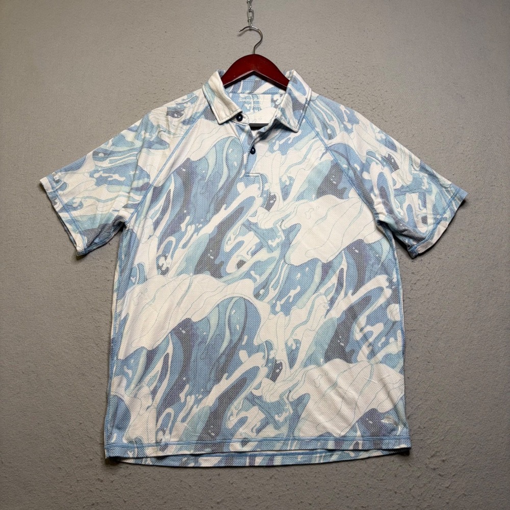 Tommy Bahama Polo Mens M Blue IslandZone Wave Print Short Sleeve Shirt